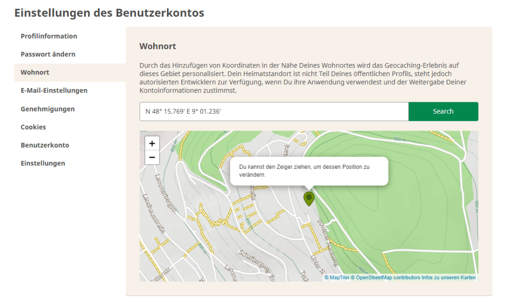 Geocache in der Nähe - Wohnort einstellen